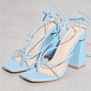 BABY BLUE LACE UP HIGH BLOCK HEELS